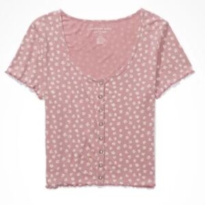 American Eagle Cropped Rib Ditsy Floral Pink Lettuce Trim Baby Tee